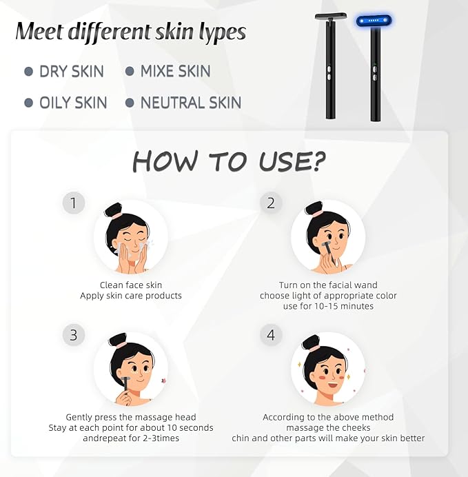 Led-Light-Therapy, 7 Color Face Skincare Wand with Facial Massager LED Face Skin Rejuvenation for Face & Neck & Eye Skincare Equipment Red Light Wand