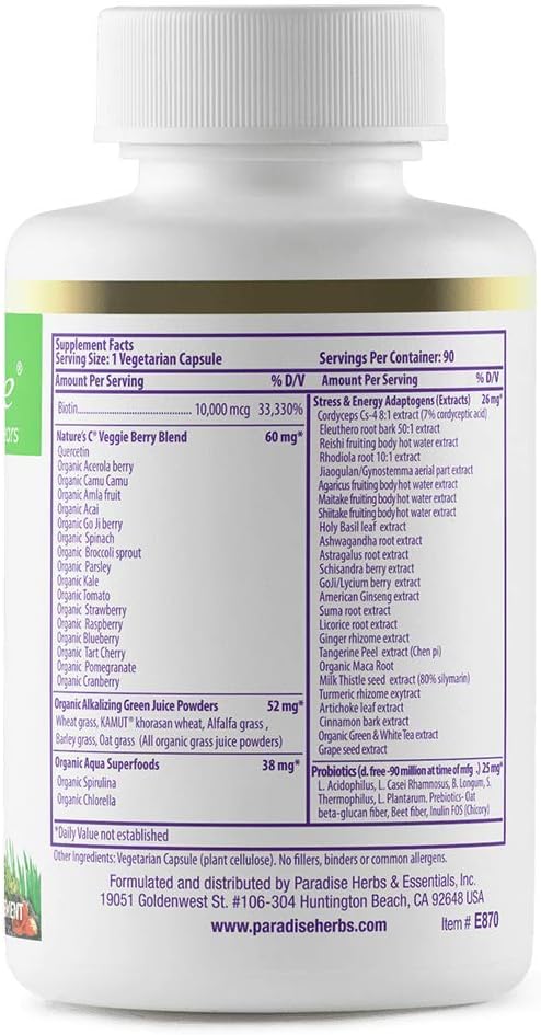 Paradise Herbs Earth's Blend Biotin Supplement, Hair, Skin & Nails, Whole Body Health, Vegan, Non-GMO, Gluten Free, 90 Vegetarian Capsules