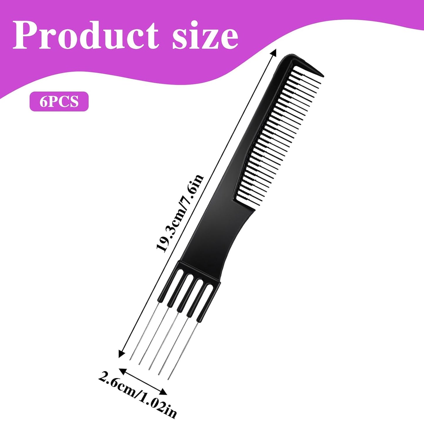 Double-Head Parting Teasing Comb, 6 Pcs Black Metal Prong Pick Combs Parting for Women Picking Comb for Hair Styling Salon Thick Thin Hair
