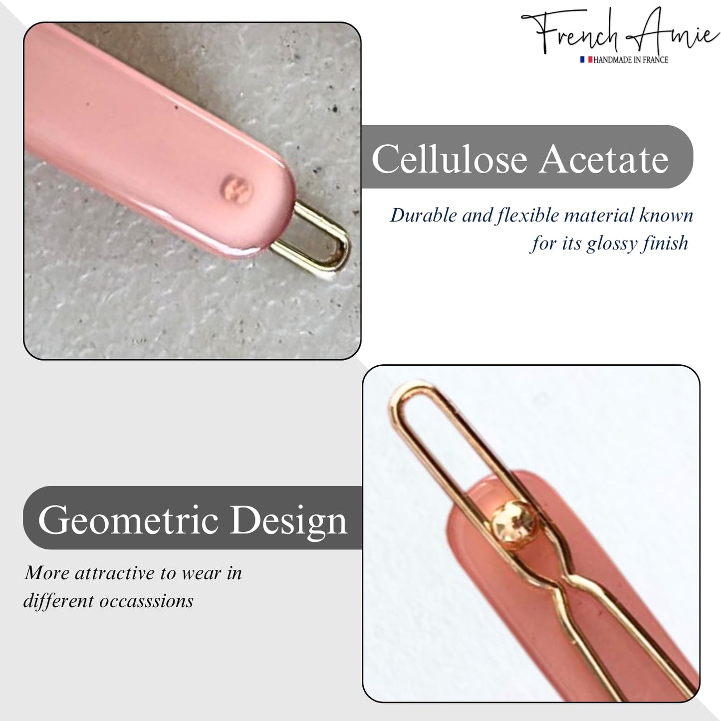 French Amie Rounded Oblong 2.5" Cellulose Side Hair Clips (Set of 2) – Handmade French Tige Boule Slide in Pink Barrettes for Girls & Women – Blush Pink