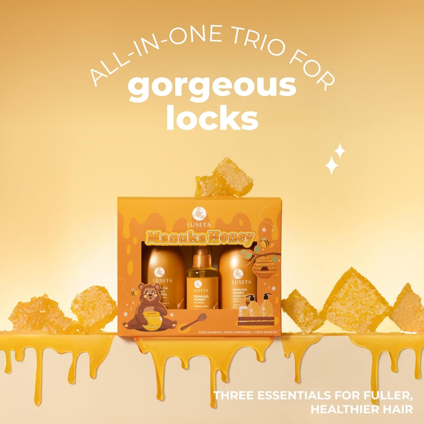 Luseta Manuka Honey Trio Hair Care Set Moisturizing Shampoo and Conditioner Set and Hair Serum Intense Hydration for Dry Hair For Ultimate Shine & Softness