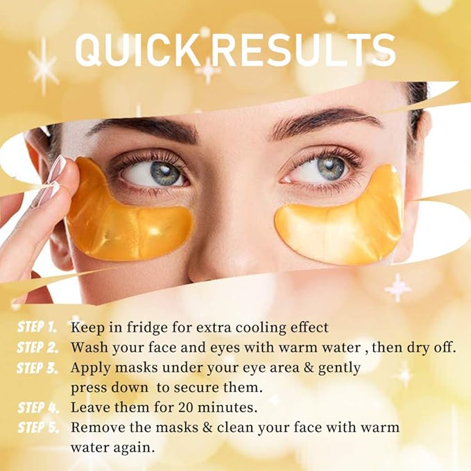 24K Gold Powder Gel Collagen Eye Masks Sheet Patch, Remove Bags,Dark Circles &Puffiness,Reduce Wrinkle,Moisturising,Hydrating for Blackheads (10 Pairs)