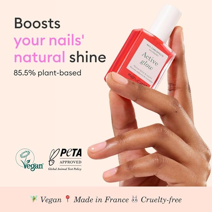 Manucurist Active Glow™ Raspberry Nail Polish & Care - Ultra-Glowy 2 in 1 Nail Concealer & Care - Plant-Based Ingredients: Sweet Almond Oil, Raspberry for Nourished Nail Rosy Mirror-Like Shine