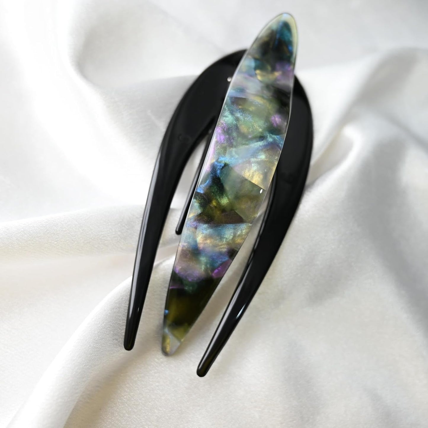 Handmade Celluloid French Design Tortoise Shell Barrettes Side-slide Opening Duck Luxury Fashion Accessories Hair Clip Claw for Women (Aurora green)