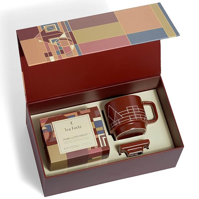 Tea Forte Frank Lloyd Wright 3-Piece Mother's Day Tea Gift Set with Sienna Stoneware Cup with Tea Tray and 10 Count Mini Presentation Box, 2 of Each Blend Handcrafted Pyramid Infuser Tea Bags