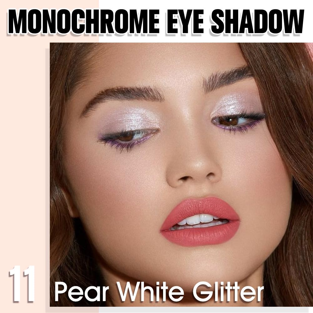 Pearl White Glitter Single Eyeshadow, Lightweight Blendable Mini Eye Shadow for Older Women, Monochrome Eyeshadow Palette Makeup Pigmented Waterproof, Vegan & Cruelty-Free, 11