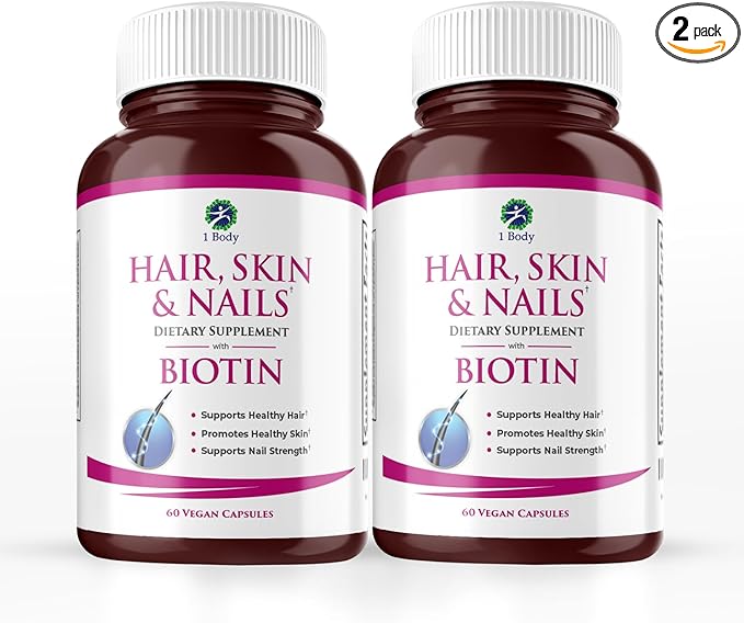 Hair, Skin and Nails Vitamin Supplement with Biotin, 2 Bottle Pack, Growth Formula for Men and Women