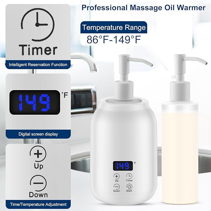 Massage Oil Heater Warmer,with ℃/℉ Switchable Display, Two Oil Dispenser Bottle，Constant Temperature,Body Oils Heater for Spa, Salon and Barber Shops,White