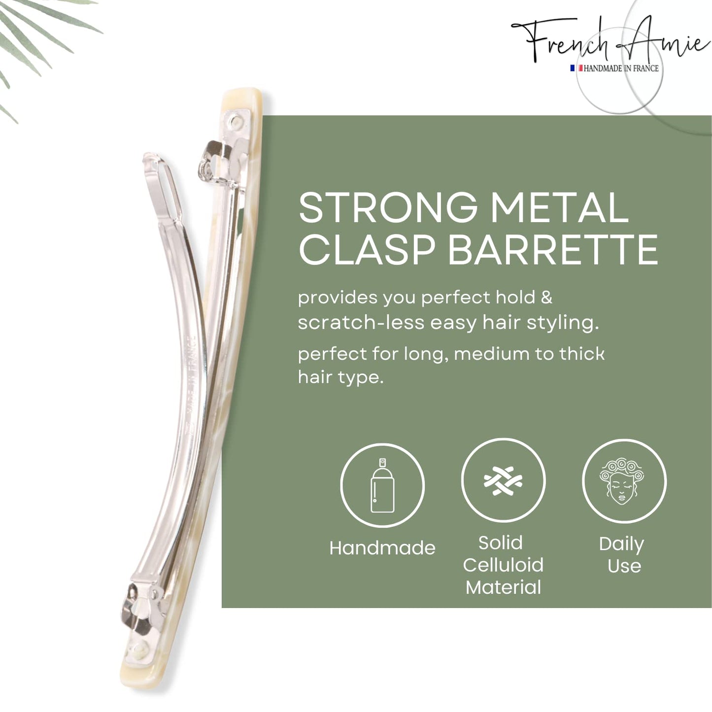 French Amie Long and Thin Large 4" Handmade Celluloid Hair Barrette Clip for Girls Automatic Strong Hold Hair Clips for Women No Slip Durable Paris Hair Accessories, Made in France (Cream Nougat)