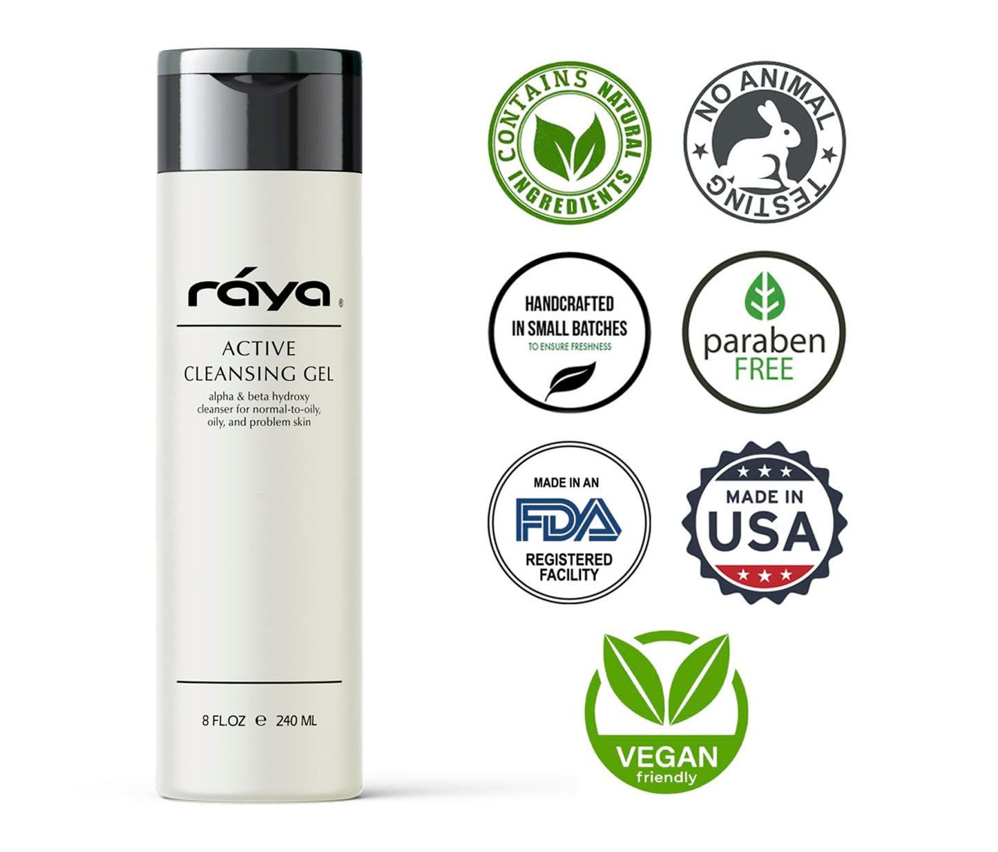 Raya Active Facial Cleansing Gel (G-107), Oil Control Cleanser with AHA and BHA, Deep Pore Gel for Oily and Break-Out Skin, Gentle Face Wash for Women and Men, Suitable for Daily Use, 8oz or 16oz btl