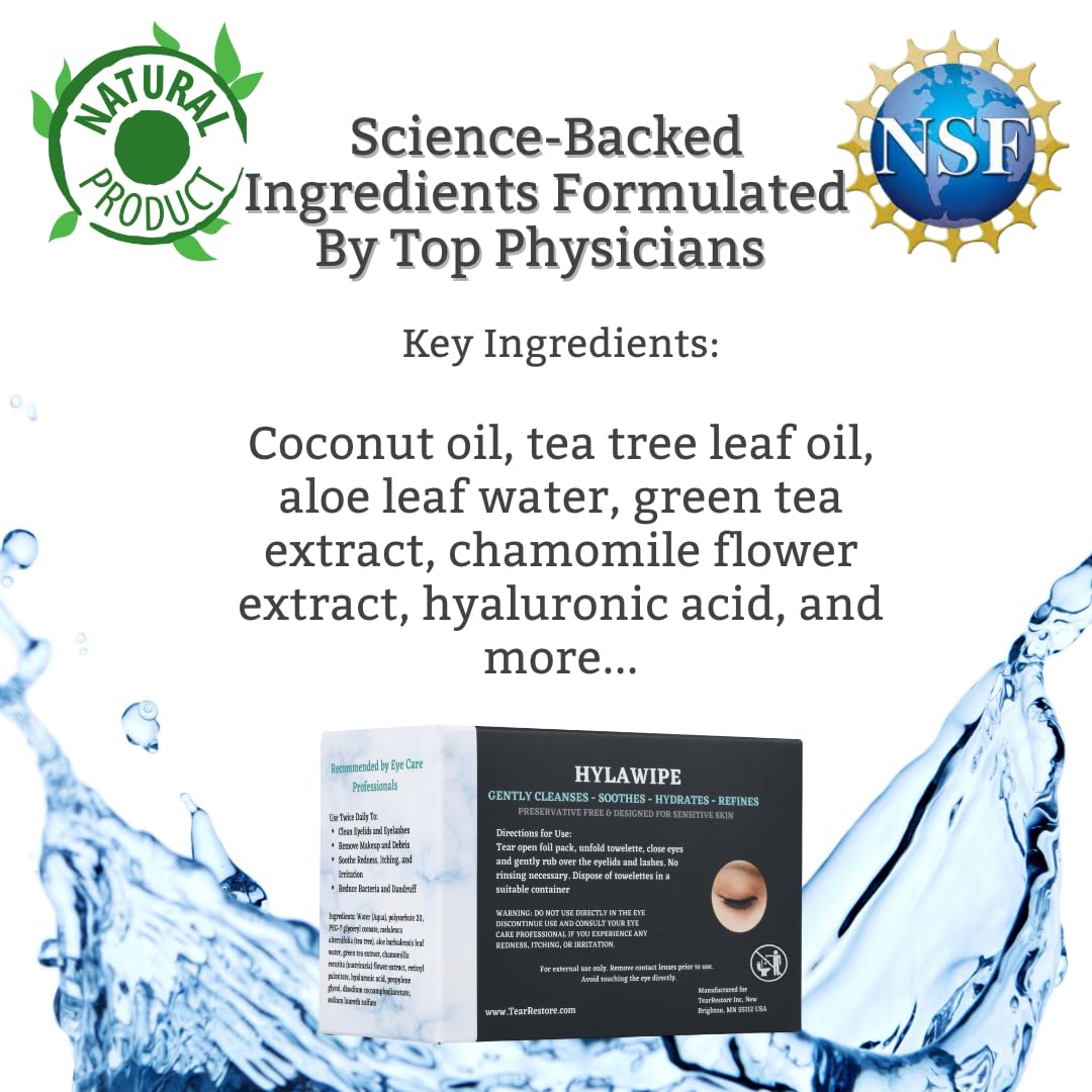 TearRestore Tea Tree HylaWipe Eyelid Wipes - 30 Count | Hydrating Eye Lid Cleanser | Blepharitis Treatment for Eyelids | Eye Lid Cleansing Wipes | Eyes Wipe for Dry, Red, Itchy, And Irritated Eyes