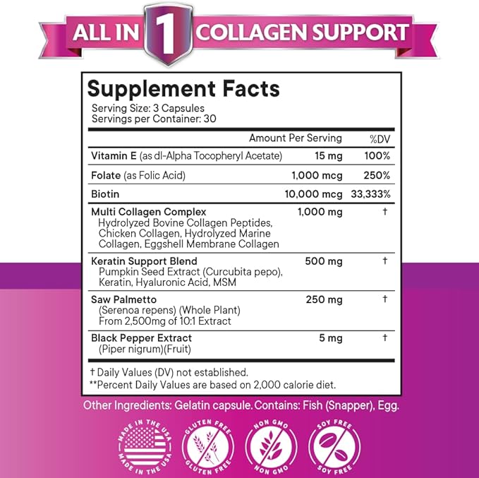 NEW AGE Collagen Pills Biotin Keratin Saw Palmetto Hyaluronic Acid - Hair Skin and Nails Vitamins and DHT Blocker with Vitamin E Folic Acid Pumpkin Seed MSM- 90 Count