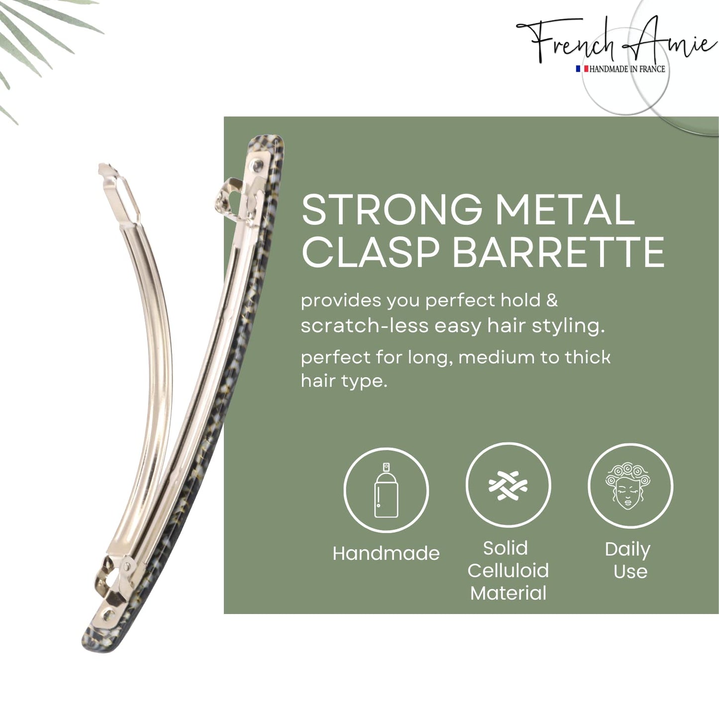 French Amie Long and Thin Opera Large 4" Handmade Celluloid Hair Barrette French Hair Clip for Girls Strong Hold Hair Clips for Women No Slip Durable Paris Hair Accessories, Made in France (Opera)