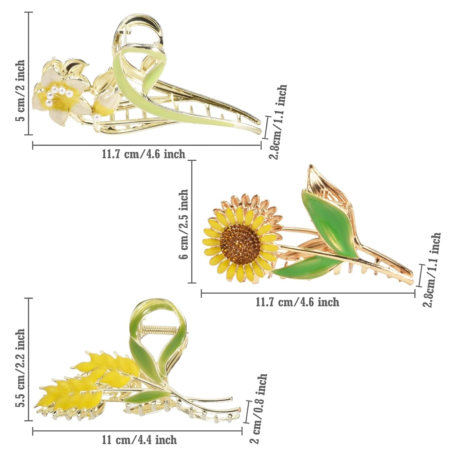 3-Piece Floral Metal Hair Clips, Sunflower Lily Wheat Designs for Thin/Medium Thick Hair, Elegant Barrettes With Strong Hold Non-Slip Clamps, Cute Catch Accessories