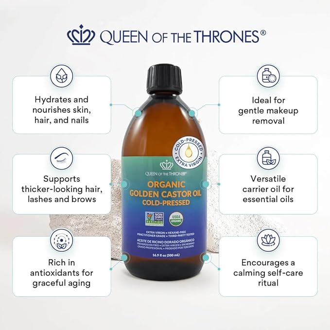 QUEEN OF THE THRONES Organic Golden Castor Oil | 100% Pure for Hair, Skin, Nails, Brows & Lashes | Hexane-Free | USDA Certified [16.9oz (500ml)]