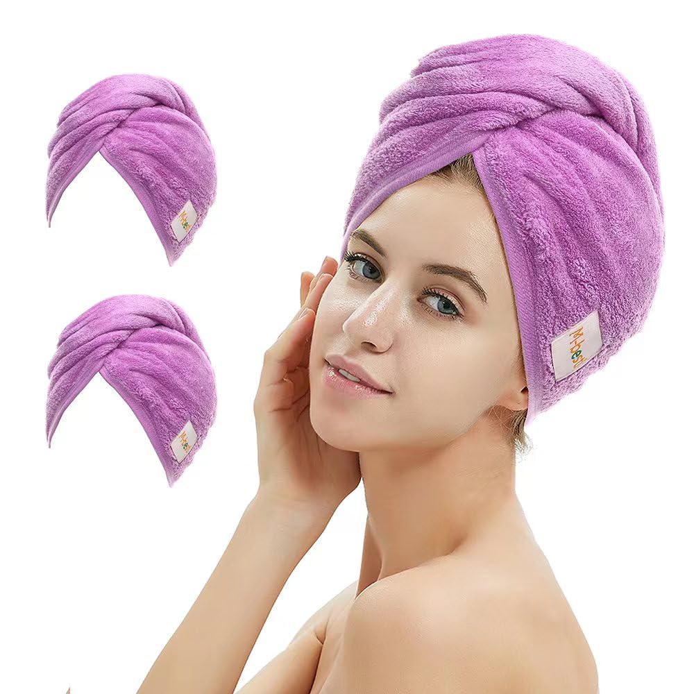 2 Pack Microfiber Hair Towel Wrap,Hair Drying Towel with Button,Absorbent Head Towel to Dry Hair Quickly (Purple)