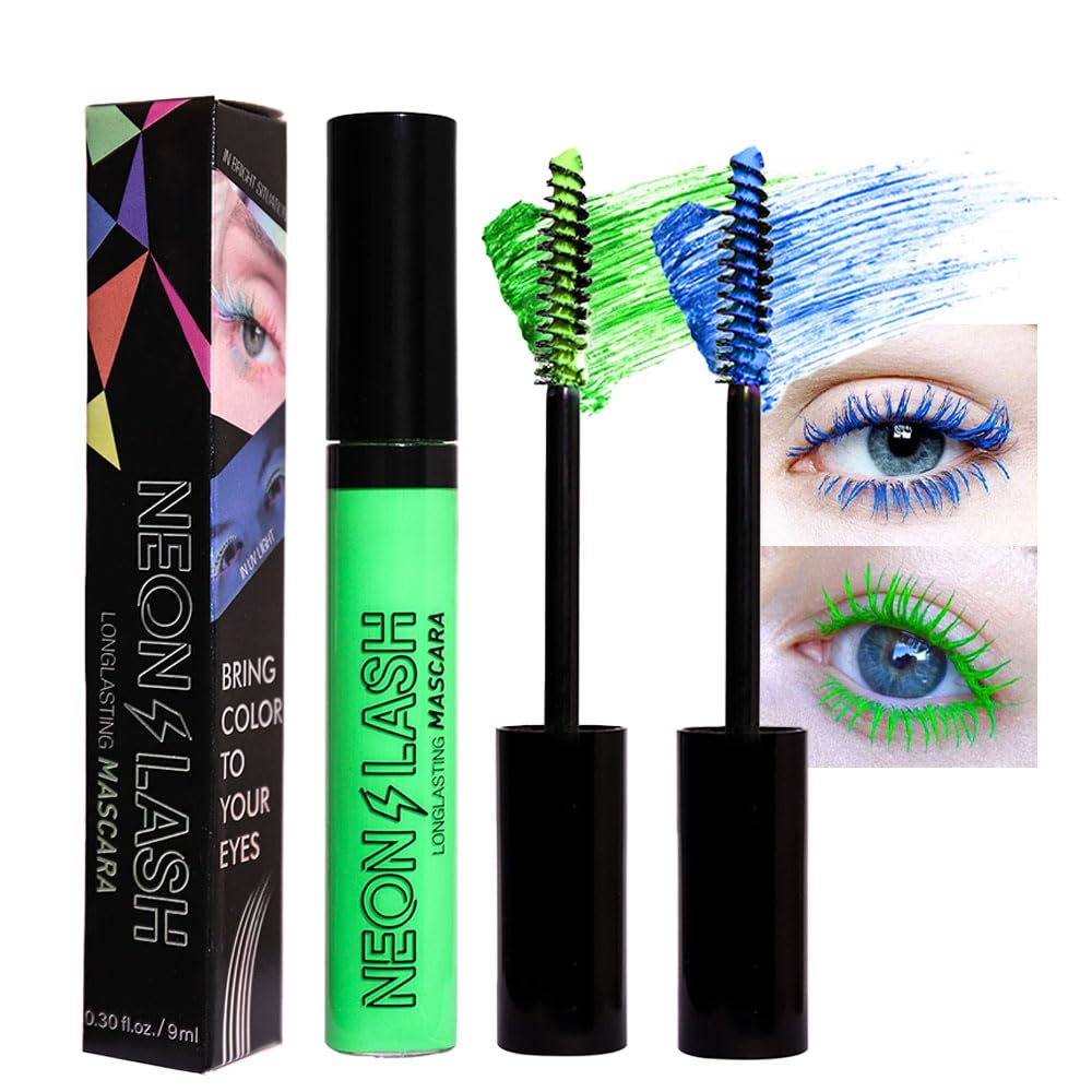 2 Colored Mascara for Eyelashes Set,Blue Green Halloween Fluorescent Colorful Waterproof Long lasting Charming Voluminous Mascara for Women Cruelty Free Vegan Eye Makeup (02# Green &05# Blue)