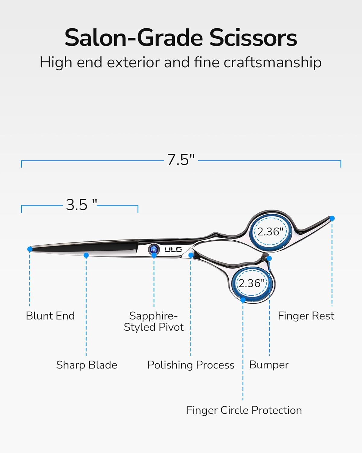 Hair Cutting Scissors, ULG Professional Hair Scissors 7.5 inch Right-Hand Razor Edge Barber Shears Salon Hair Cutting Shears Made of Japanese Stainless Steel, Hand Sharpened Blue