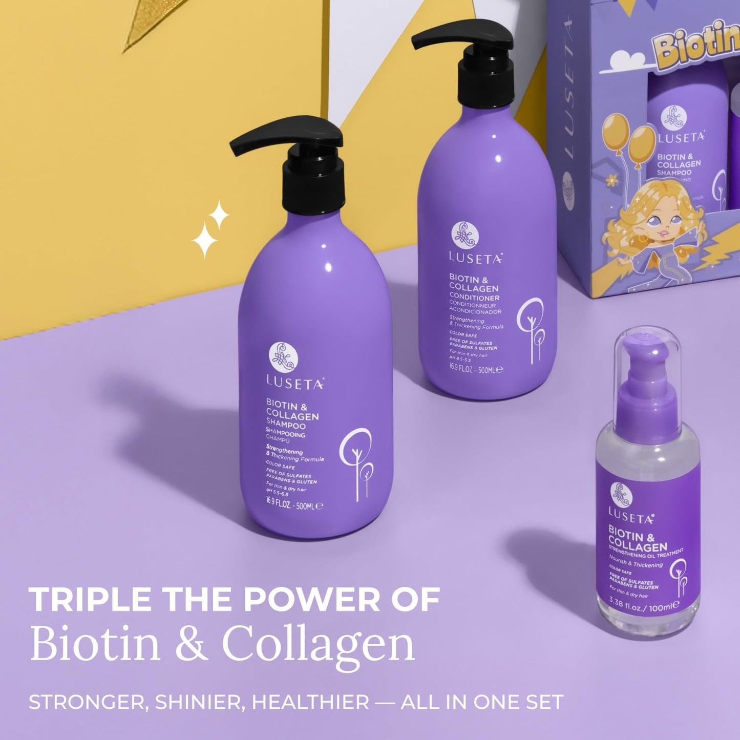 Luseta Biotin Trio Hair Care Set Moisturizing Shampoo and Conditioner Set and Hair Serum hickening Shampoo for Thinning Damaged Dry Hair