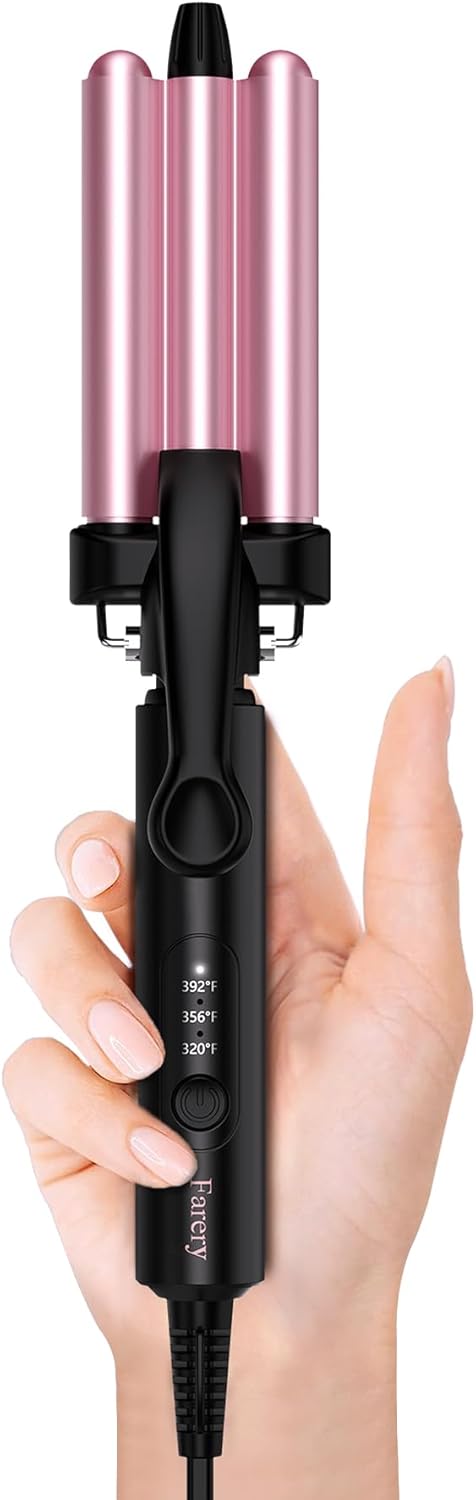 FARERY Mini Hair Crimper Hair Waver 3 Temperature Adjustable, 3 Barrel Curling Iron for Short Hair, Hair Crimper for Women Beach Waves, 1/2 Inch for Tight Curls, Travel Size, Dual Voltage, Pouch Bag