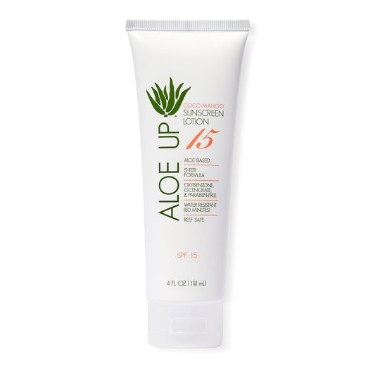 Aloe Up White Collection Sunscreen Lotion SPF 15 - Broad Spectrum UVA/UVB Sunblock for Face and Body - With Aloe Vera Gel - Alcohol-Free - Reef-Friendly - Coco-Mango Fragrance - 4 Oz