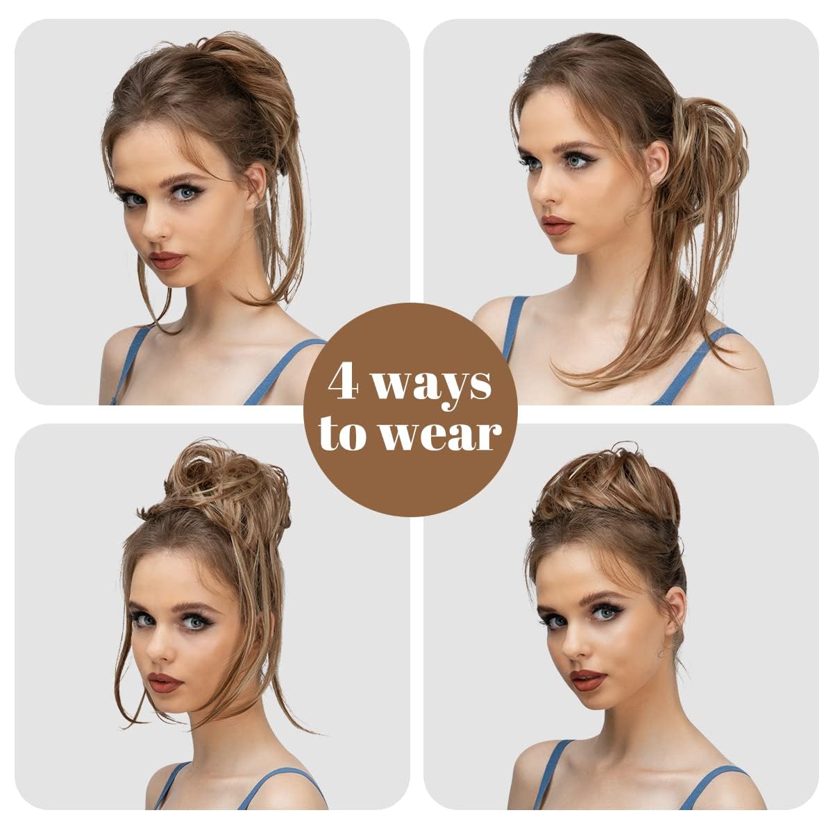 CJL HAIR Messy Bun Hair Piece Curly Hair Bun Extensions with Straight Tails Synthetic Hair Scrunchies Ponytail Hairpieces for Women Coffee Brown