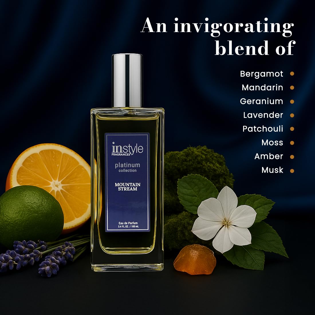 Instyle Fragrances Platinum Collection Mountain Stream, Premium Men’s Eau de Parfum, CLEAN, Vegan, Paraben-Free, Never Tested on Animals, 3.4 Fluid Ounces