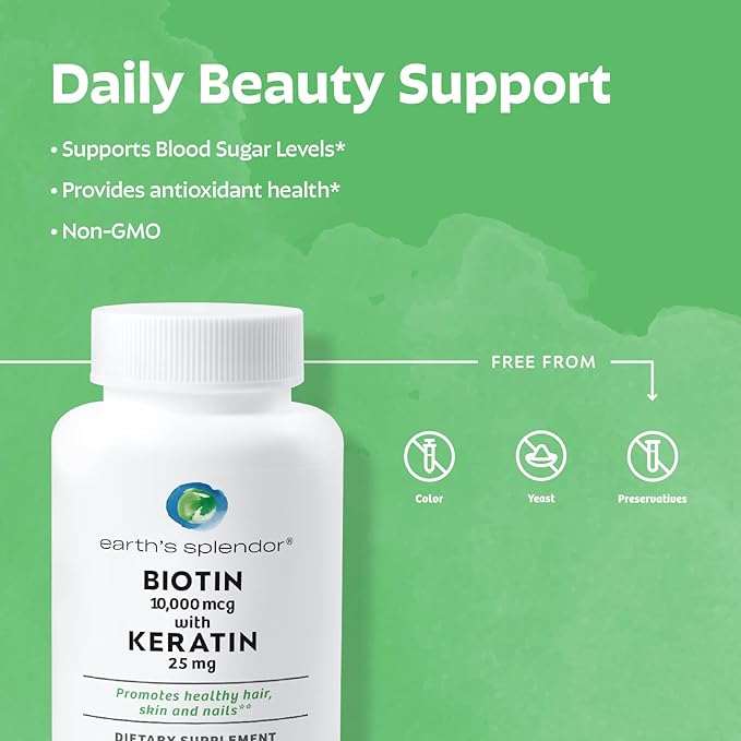 Earth's Splendor Energy & Hair Support: Vitamin B12 (200 Tablets) + Biotin 10,000 mcg & Keratin 25mg (60-Day Supply) - Boosts Energy, Hair, Nails & Skin - No Artificial Colors, Gluten Free