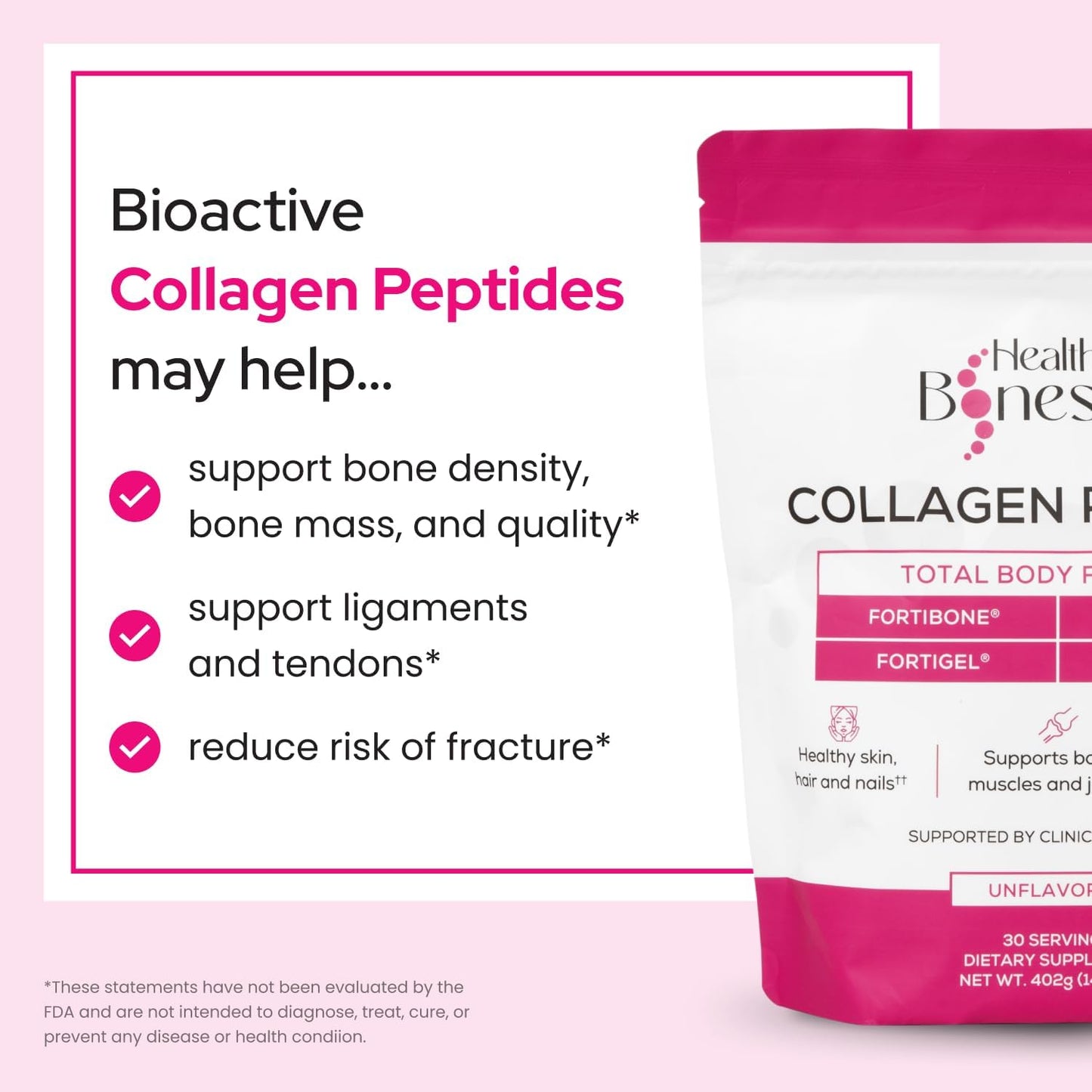 FORTIBONE Premium Bone Health Collagen Peptides w/FORTIGEL, VERISOL, TENDOFORTE | Clinically-Supported for Bones Joints Skin Hair Nails | Hydrolyzed Collagen Complete Anti-Aging Formula | 30 Servings