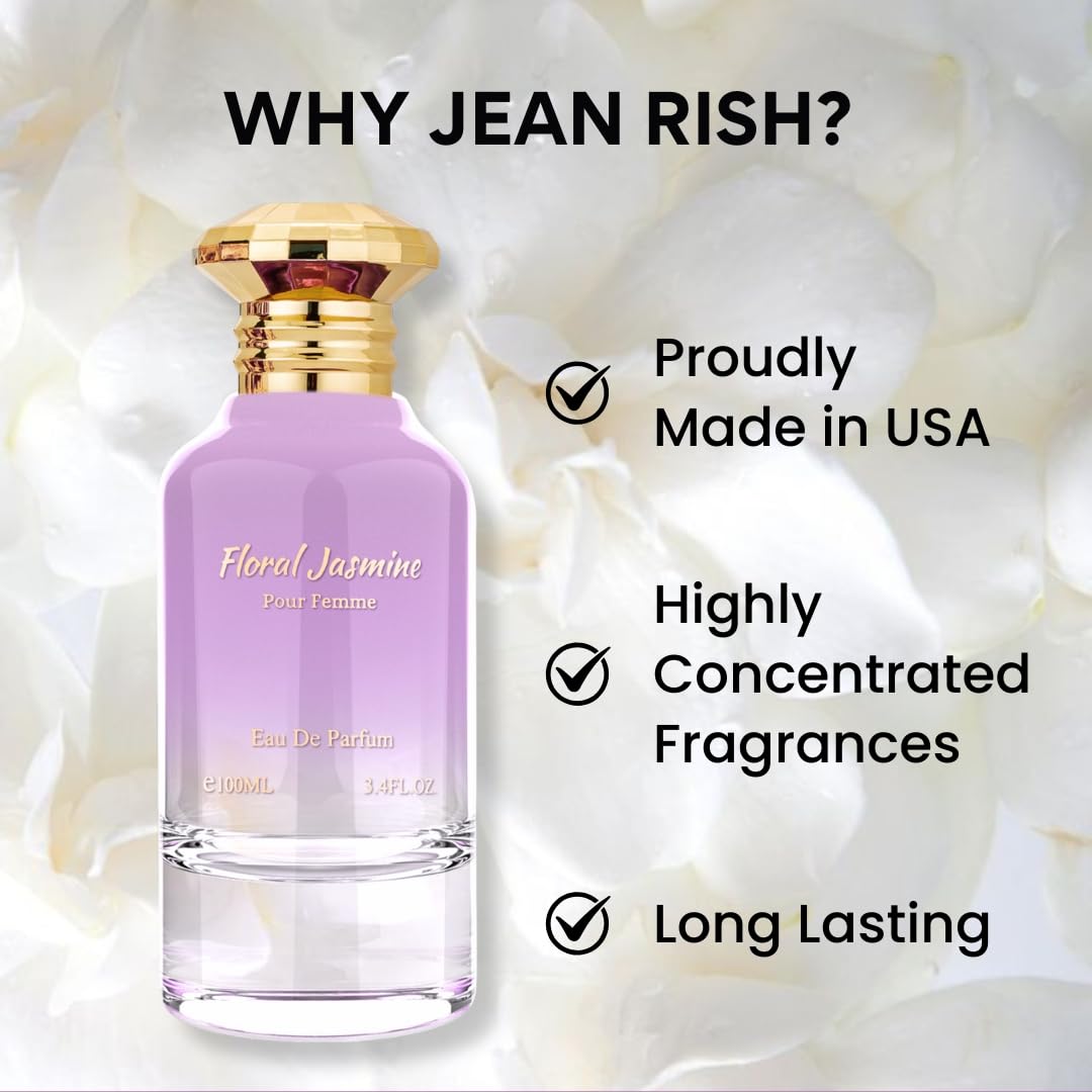 Jean Rish Floral Jasmine Perfume for Women, Eau De Parfum (3.4 Fl Oz / 100ml) with Bergamot, Floral Jasmine & Vanilla Notes - Long Lasting and Luxury Fragrance, Made in USA