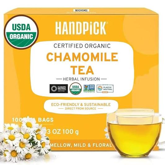 HANDPICK, Organic Chamomile Tea Bags (100 Herbal Tea Bags) Caffeine Free| Premium Floral Chamomile Herbal Tea in Eco-Conscious Teabags | Direct from Source
