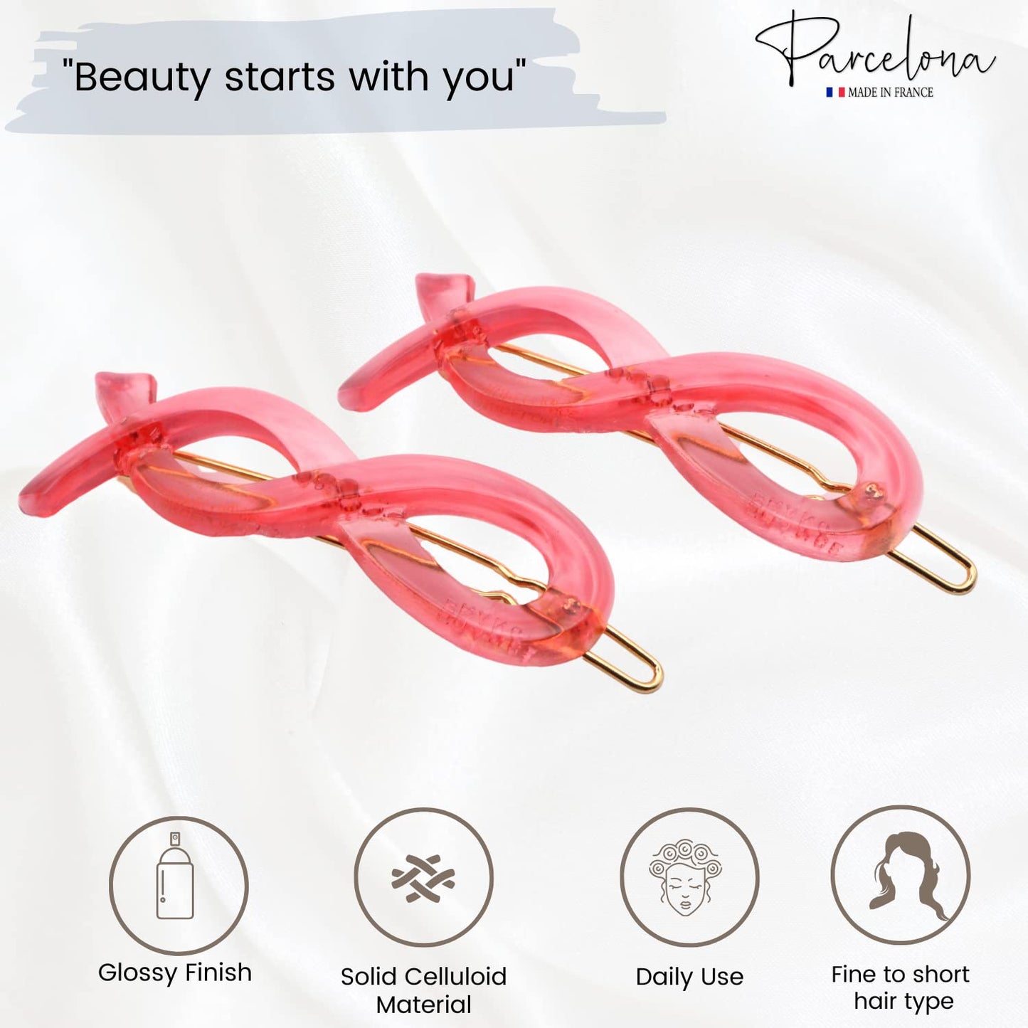 Parcelona French Infinity Ribbon Small 2 1/4" Celluloid French Hair Slides Clips for Women Tige Boule Clasp Girls Side Slide-in Barrette Clip Paris Hair Accessories for Women Strong Hold No Slip Grip Fashion Durable Styling, Made in France (Crystal Pink)