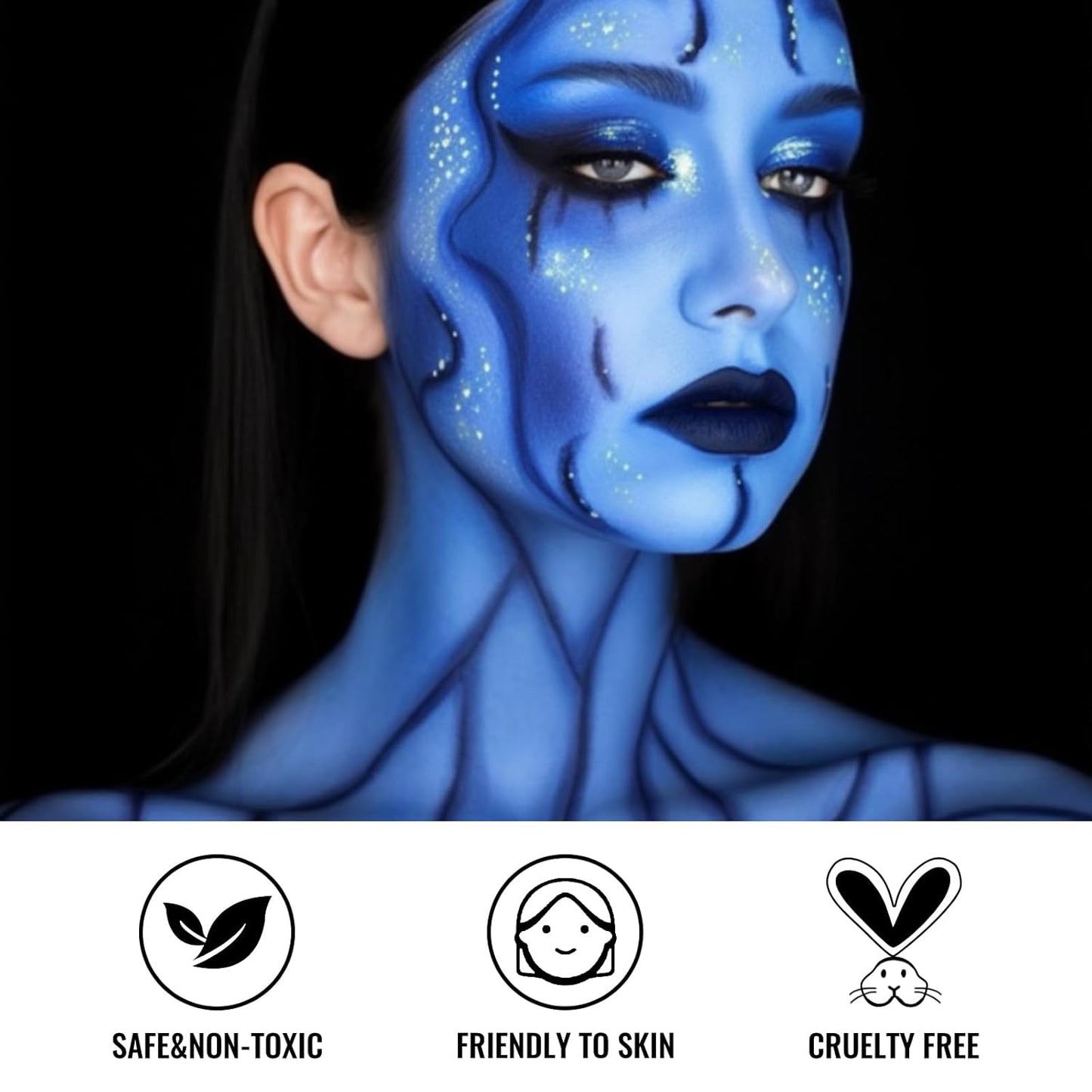 White Black Blue Face Paint + 3PC Sponge + Brush Body Paint Set, Eye Black for Baseball Softball Sport Games, Face Painting Kit for Halloween Makeup, Cosplay, Costume, SFX Makeup, Theme Parties