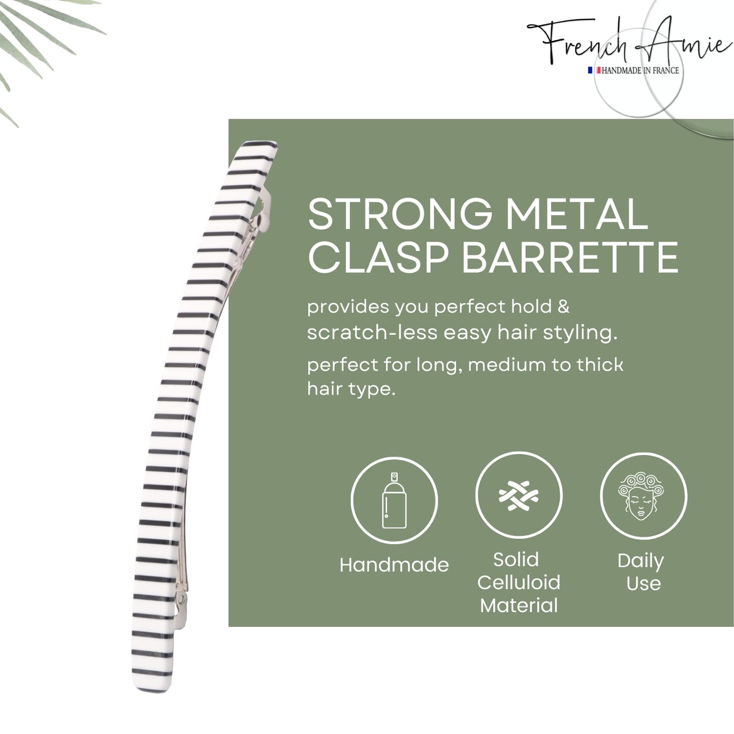 French Amie Long and Thin Black White Large 4” Handmade Celluloid Automatic Hair Clip Barrette for Women and Girls (Stripe)