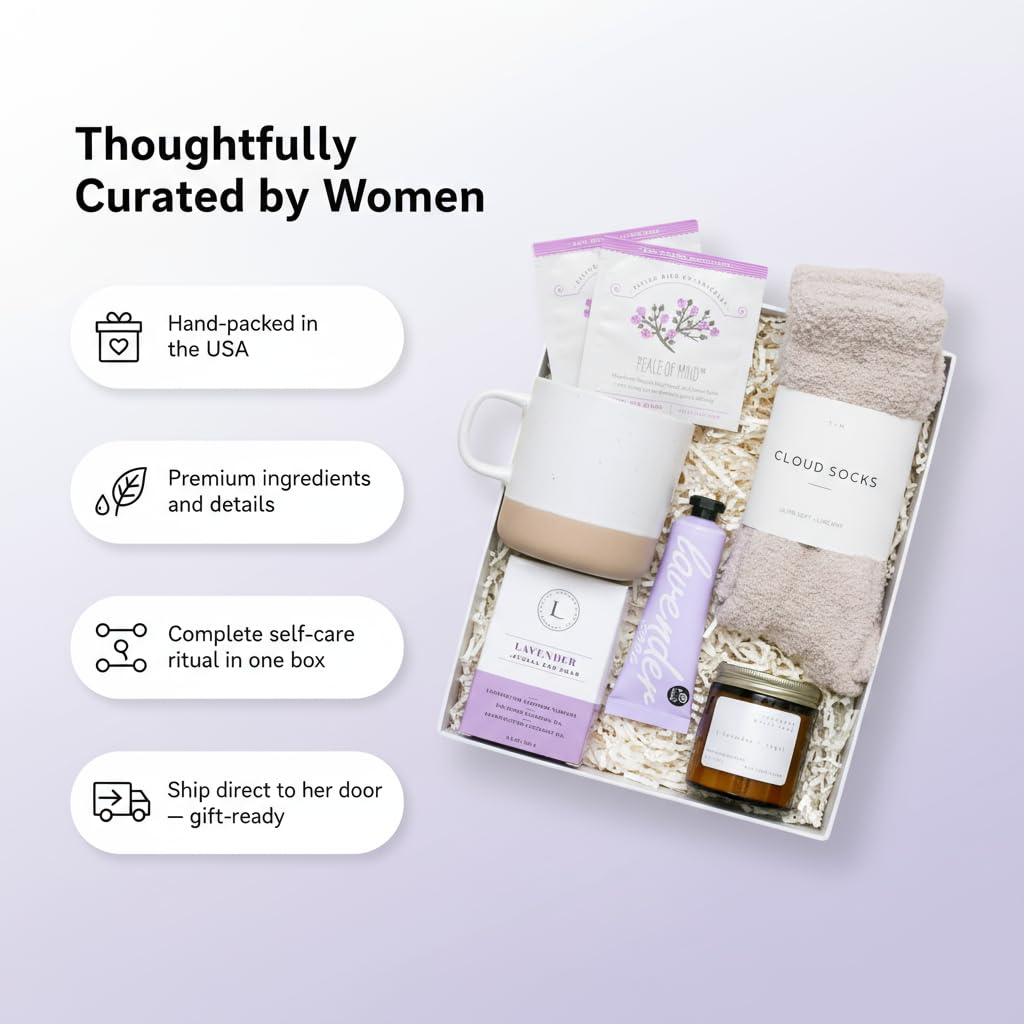 Unboxme Spa Gift Basket for Women - Lavender Self Care Gifts with Candle & Bath Bombs - Relaxation Care Package for Birthday, Get Well Soon, Christmas, Valentine's Day