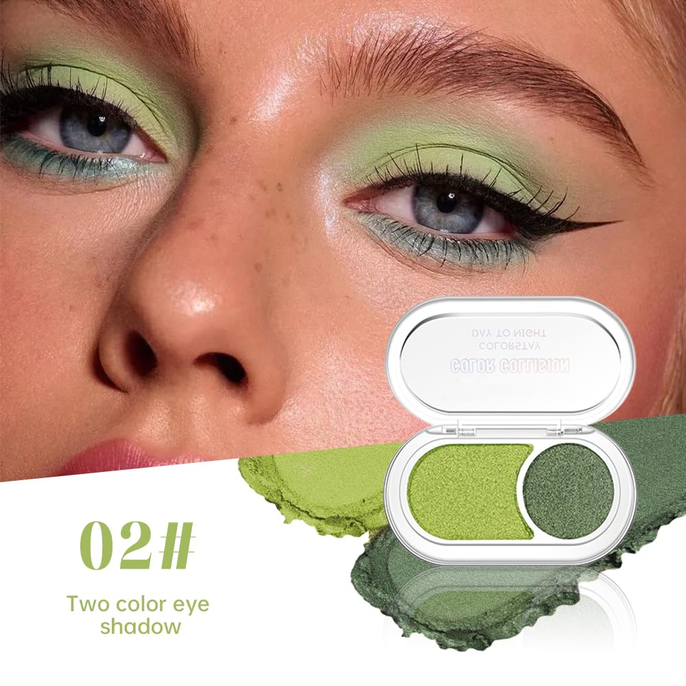 Dual-Color Pearl Eyeshadow Palette – High Pigment Shimmer Eyeshadow Duo, Grass Green & Green Shimmer Eye shadow , Silky Blendable Texture, Waterproof Long-Lasting Eye Makeup for Daily & Glam Looks 02#