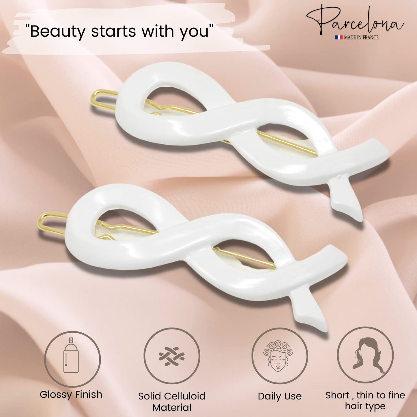 Parcelona French Infinity Ribbon Small 2 1/4" Celluloid French Hair Slides Clips for Women Tige Boule Clasp Girls Side Slide-in Barrette Clip Paris Hair Accessories for Women Strong Hold No Slip Grip Fashion Durable Styling, Made in France (Solid White)