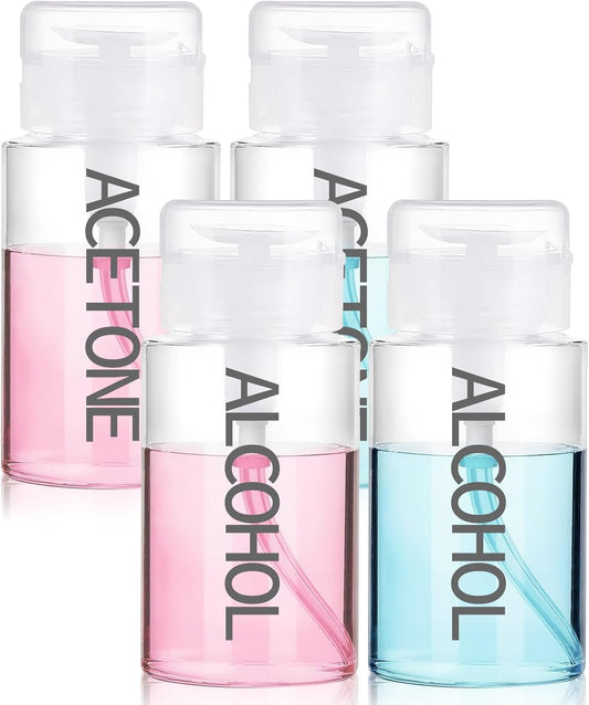 4 Pack Push Down Pump Dispenser 6.7oz/200ML Empty Acetone Dispenser Push Top Alcohol Bottles Containers for Nail Polish Makeup Remover Water Facial Toner