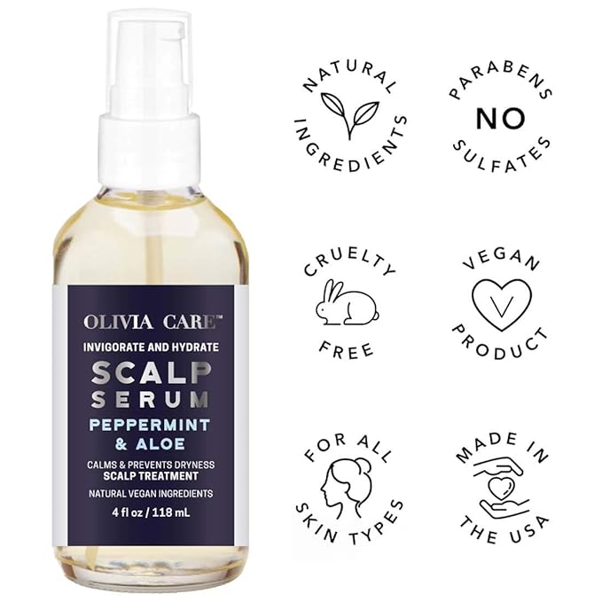 Peppermint & Aloe Hair Scalp Serum by Olivia Care - Natural & Vegan Ingredients - Invigorate, Soothe, Calm, Hydrating Scalp Treatment - Prevent Dryness - 4 FL OZ