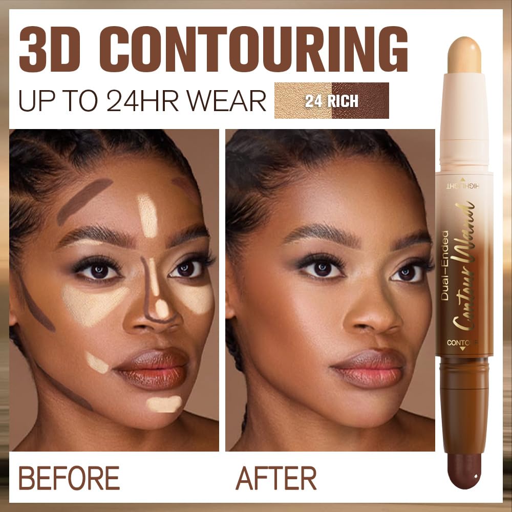 2Pcs Contour Stick Dual Ended Face Body Makeup Waterproof no Transfer, 2 in 1 Cream Concealer Stick Contouring Makeup Kit, Nose Contour Bronzer Sticks Face Highlighter Make up 22# + 24#