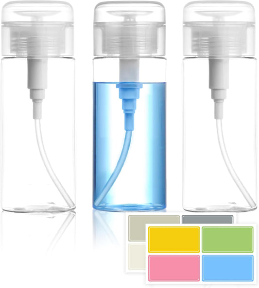 3 Pack Push Down Pump Dispenser,Clear Push Top Empty Bottles with DIY Stickers for Alcohol,Nail Polish,Makeup Remover,Toner (150ml)