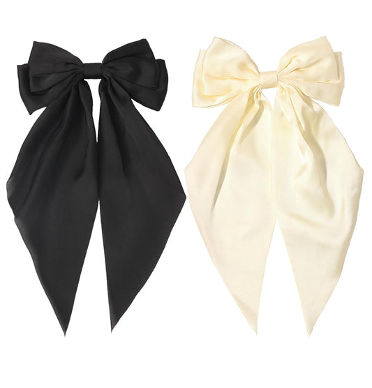 Furling Pompoms Hair Clip Hair Bows, 2pcs Beige/Black Satin Big Hair Bows for Women & Girls, Hair Barrettes with Alligator Clips, Hairpins for Long Tails, Hair Accessories