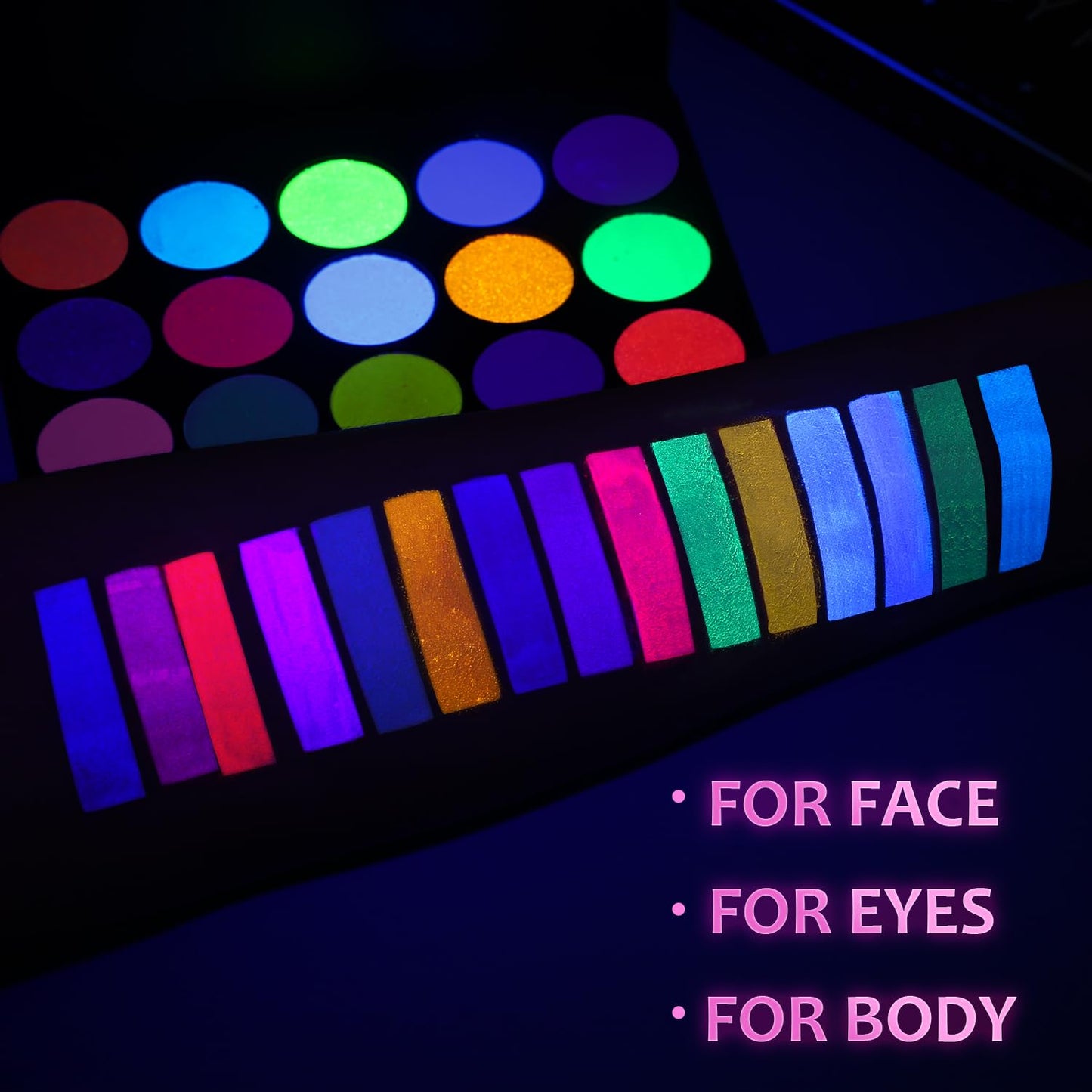 BADCOLOR Glow UV Face Paint, 15 Colors Neon Eyeshadow Palette, Water-Based UV Blacklight Face Body Paint for Kids - UV Eyeliner Makeup Palette for Halloween Glow Party Club Music Festivals