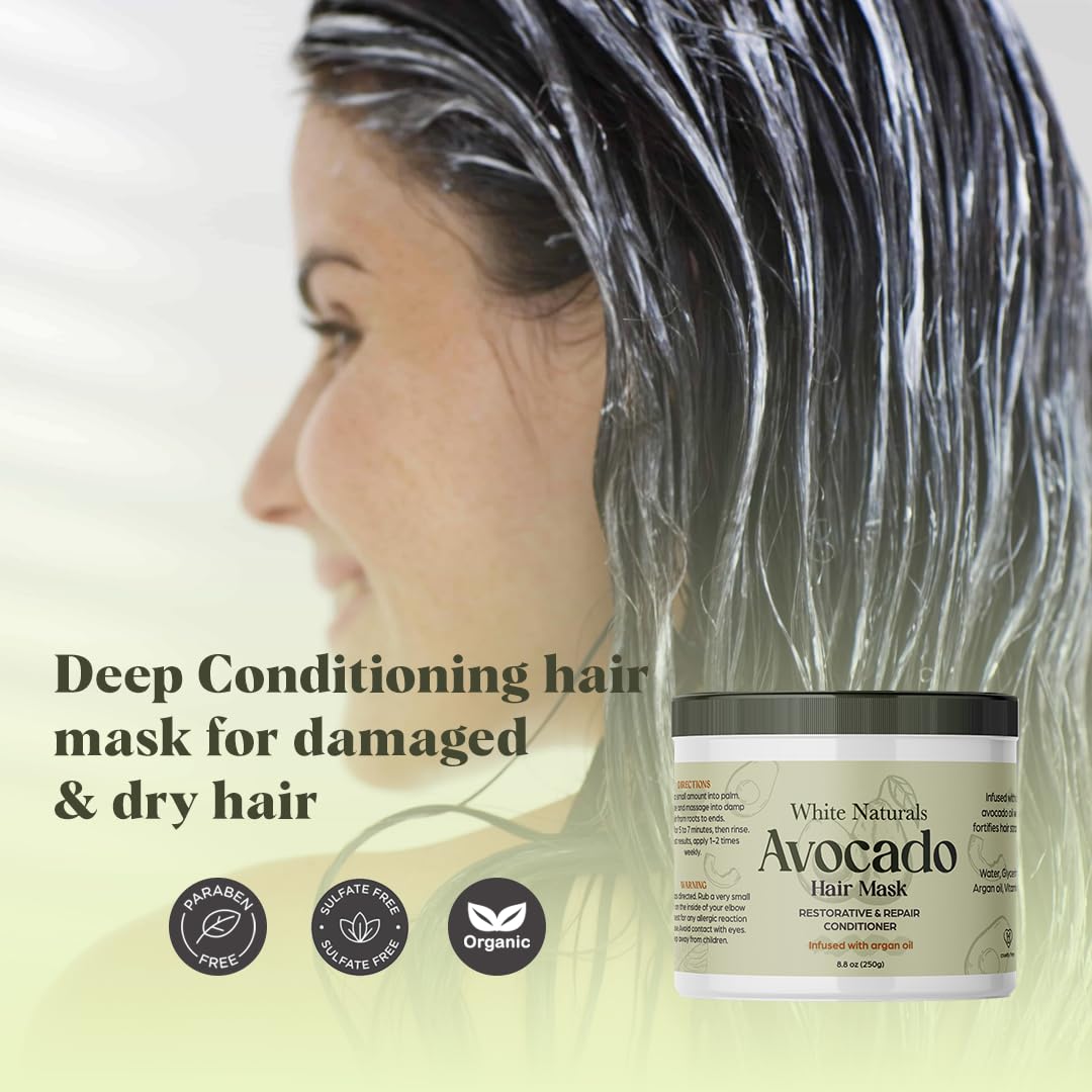 White Naturals Avocado Hair Mask Infused with Biotin for Growth and Volume, Deep Conditioning Cream for Healthy Hydrated Thick Hair, Nourishing Avocado Oil Cream to Help Restore Damaged Tips