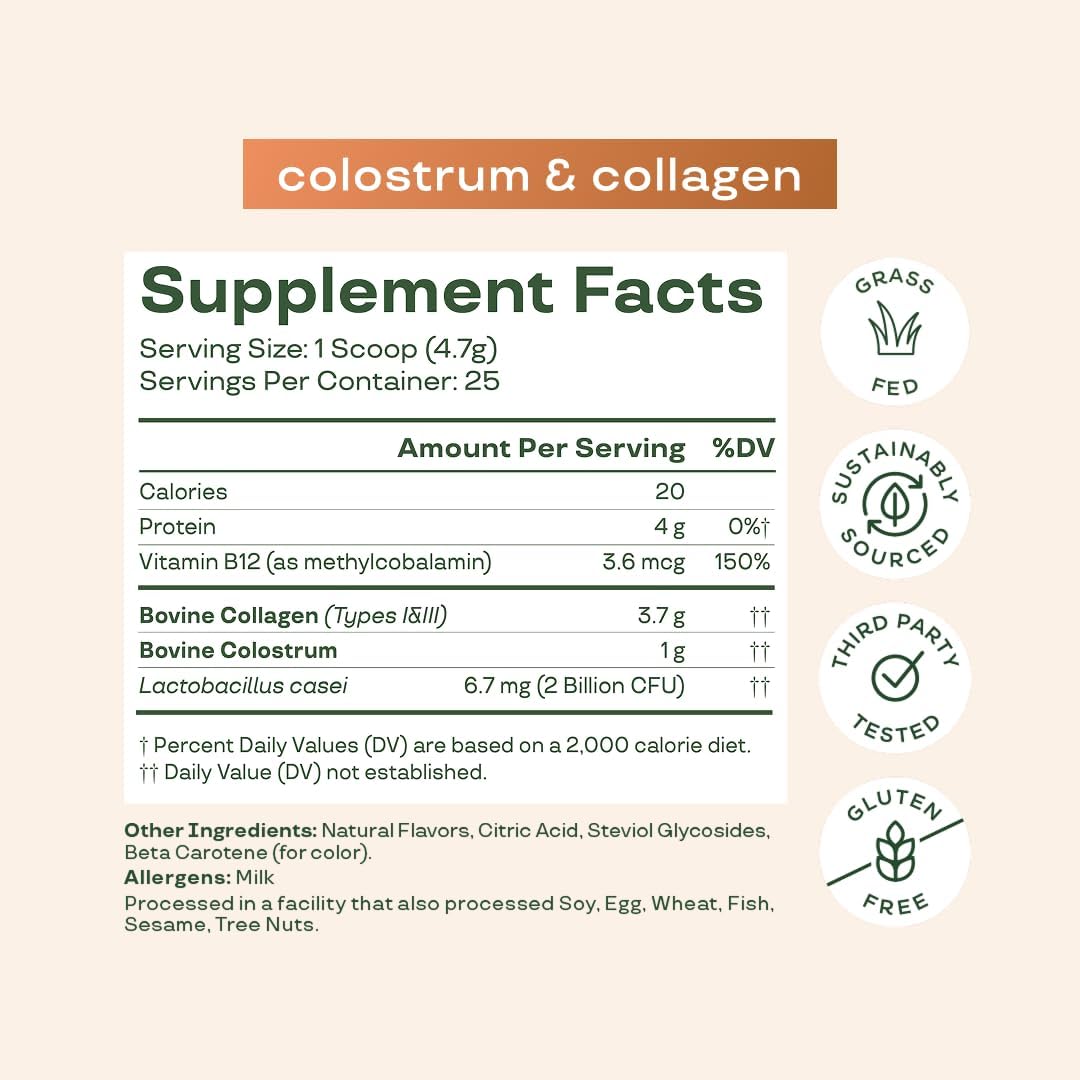 Bloom Nutrition Bovine Colostrum Powder with Vitamin B-12 for Gut Health, Immune Support, Hair Growth & Beauty Supplement | Orange Cream, 25 Servings