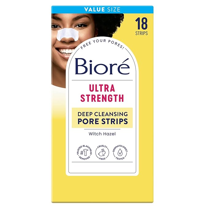 Bioré Witch Hazel Ultra Strength Blackhead Remover Pore Strips, Clears Pores up to 2x More than Original Pore Strips, features C-Bond Technology, Oil-Free, Non-Comedogenic Use, 18 Count