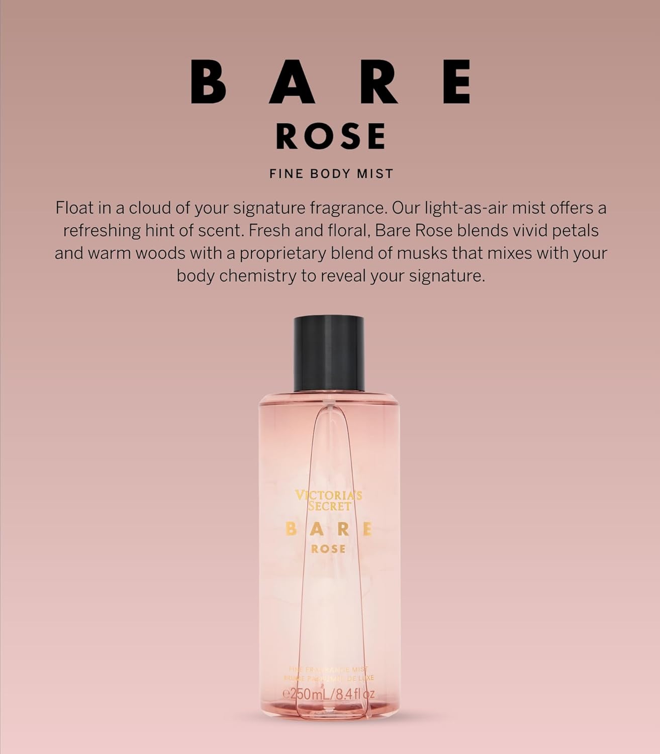 Victoria's Secret Bare Rose Fragrance Mist, Notes of Pear Skin, Rosa Centifolia & Sheer Woods, Body Spray for Women (8.4 oz)