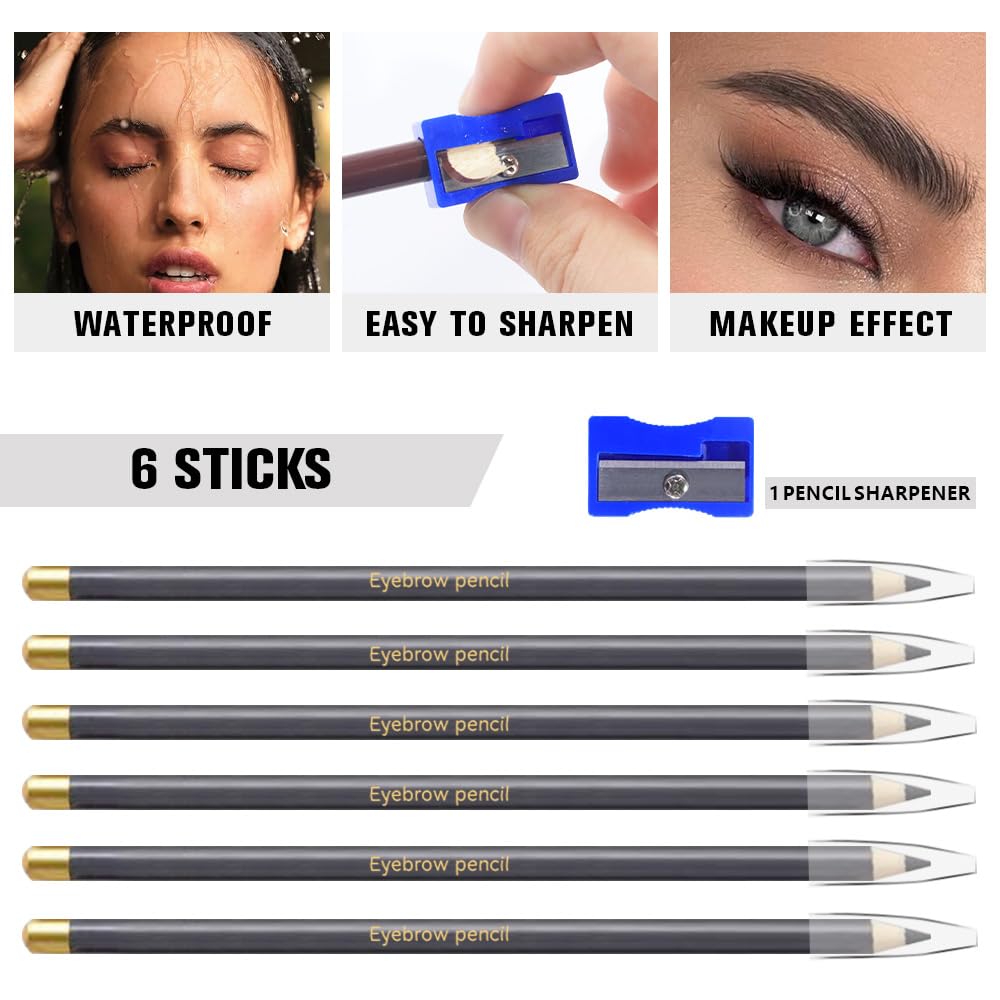 6Pcs Long Eyebrow Pencils Set - Gray Natural Look, for Eyebrows & Eyeliner, Waterproof & Sweat-Proof Wooden Hard-Core Brow Pencil with Sharpener, Long Lasting Makeup Kit for Beginners 101#