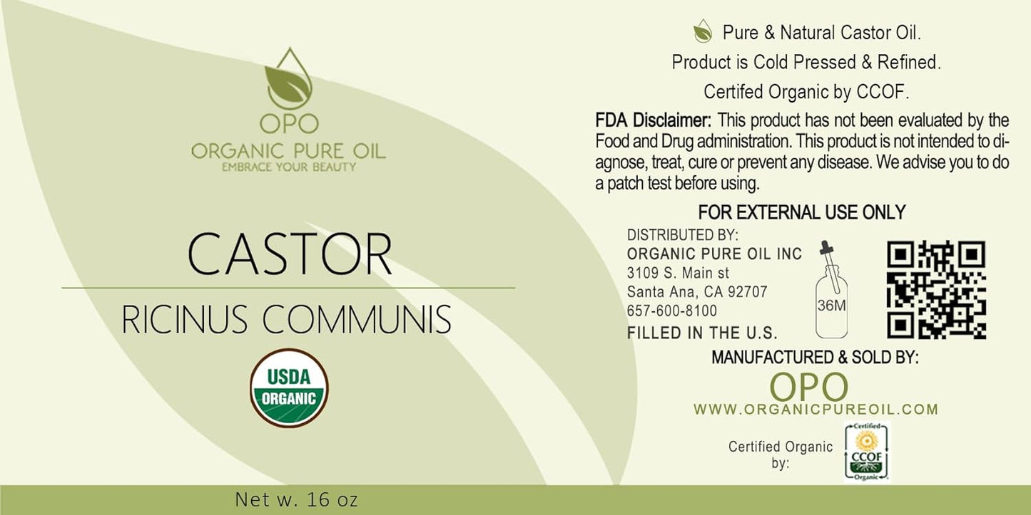 Organic Castor Oil | USDA Certified Organic, Pure and Cold Pressed, Refined, Non-GMO Hexane-Free - 16 oz - for Skin, Hair, Nails, Body, Eyelashes, Growth, Conditions, Nourishes & Hydrates