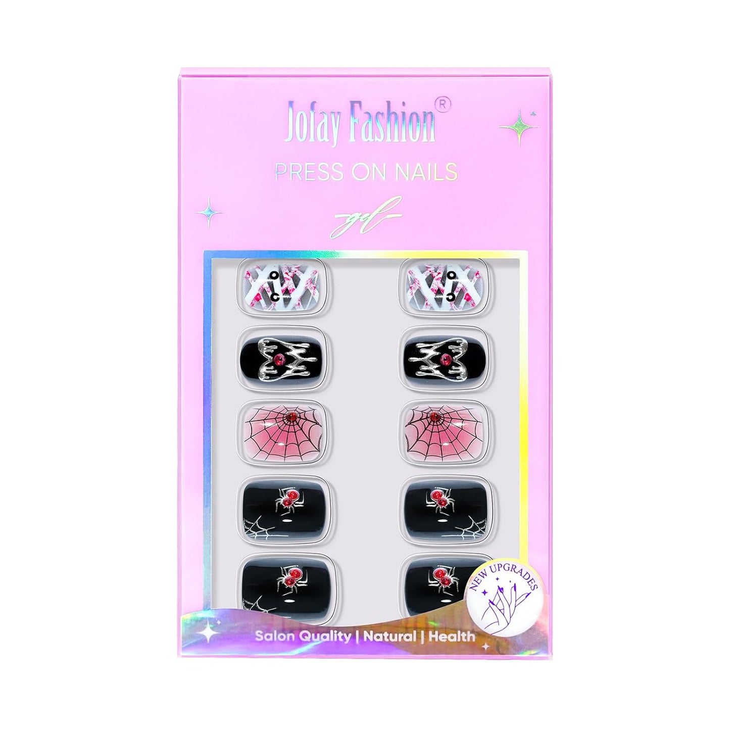 Halloween Press On Nails Short - Mummy’s Crypt, Black Pink Spider Web Nails of Halloween Nail Designs Acrylic Square Glue On Nails with Nail Glue, Stick On Nails in 16 Sizes - 32 PCS Soft Gel Kit